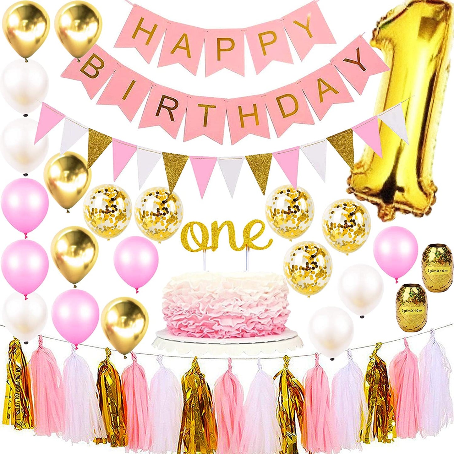 1st Birthday Party Pack Bundle Turning One Birthday Banner Balloons Cake Topper Blue or Pink Party Pack