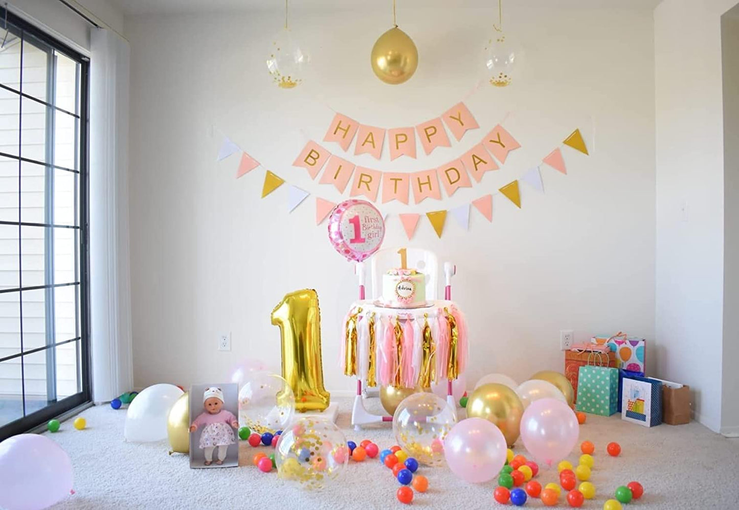 1st Birthday Party Pack Bundle Turning One Birthday Banner Balloons Cake Topper Blue or Pink Party Pack