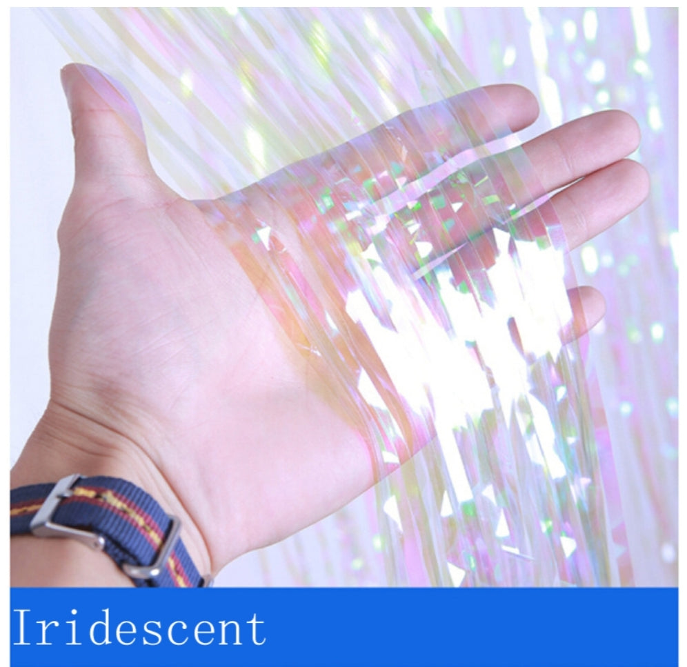 Pack of 2 Iridescent Shimmering Fringe Curtains Party Decorations Photo Wall Backdrop Door Window Self-adhesive Hanging Fringe Curtains