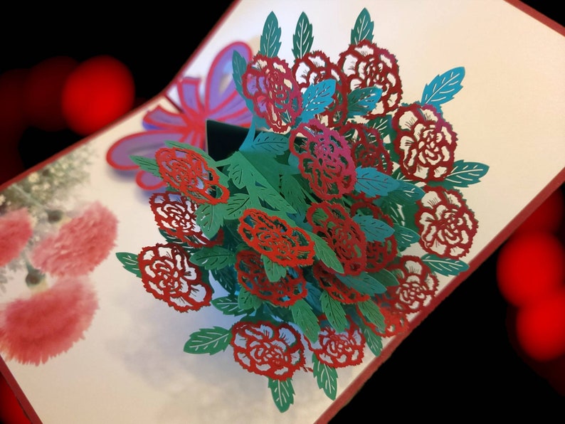 3D Pop-up Red Roses Flowers Bouquet Premium Quality Card Stock Blank Greeting Card with Envelope for any occasion