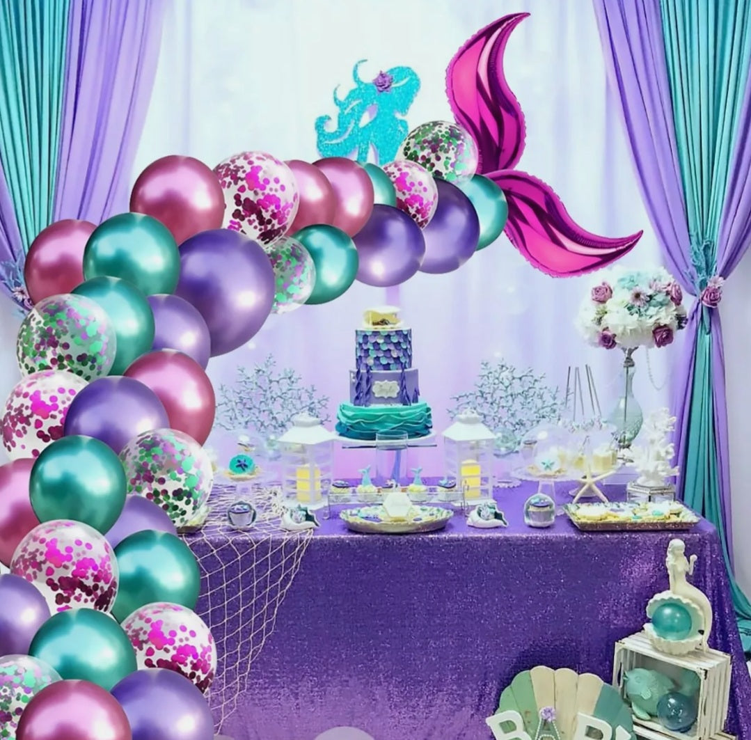 Mermaid Tail Arch Kit Purple Magenta Confetti Filled Balloons 16ft Garland 100 Glue Stickers Party Decoration