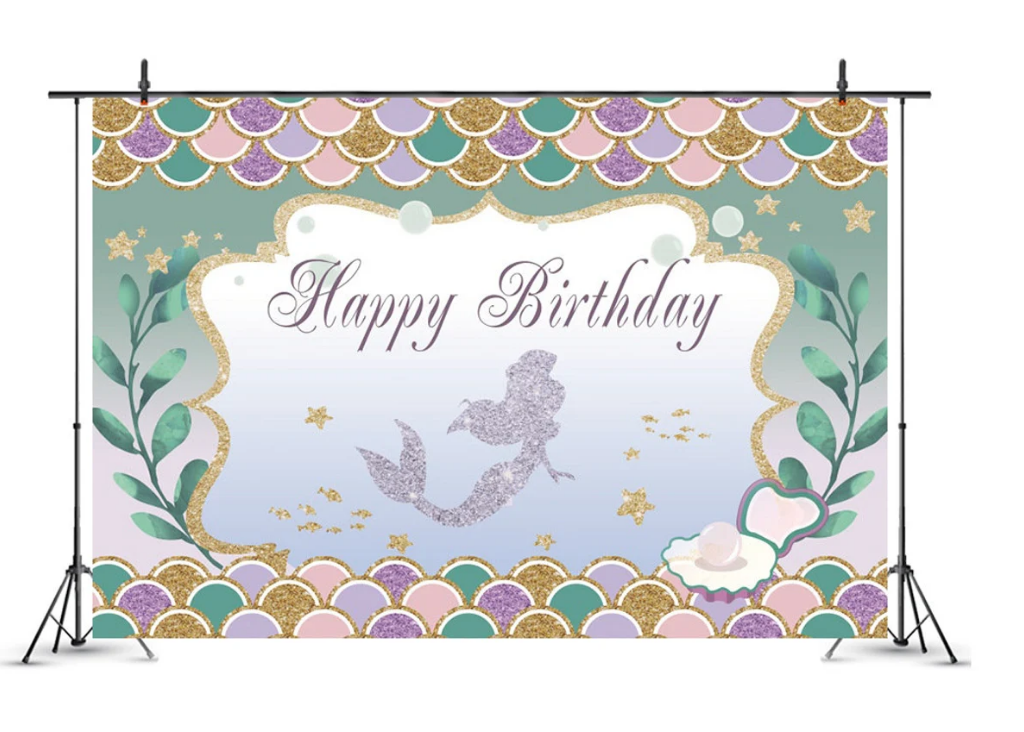 5' x 7' Mermaid Theme Happy Birthday Backdrop Photo Booth Background Hanging Vinyl Backdrop