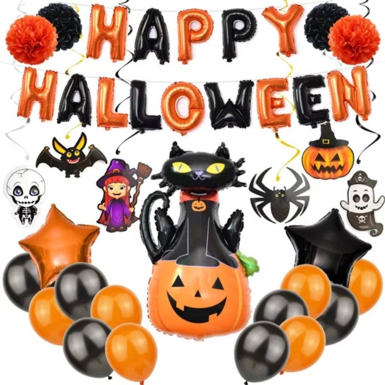 Happy Halloween Party Pack Bundle Black Orange Balloons Hanging Pom Poms Hanging Decorations