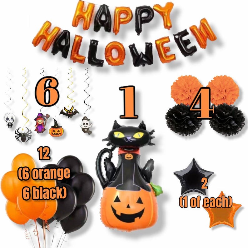 Happy Halloween Party Pack Bundle Black Orange Balloons Hanging Pom Poms Hanging Decorations