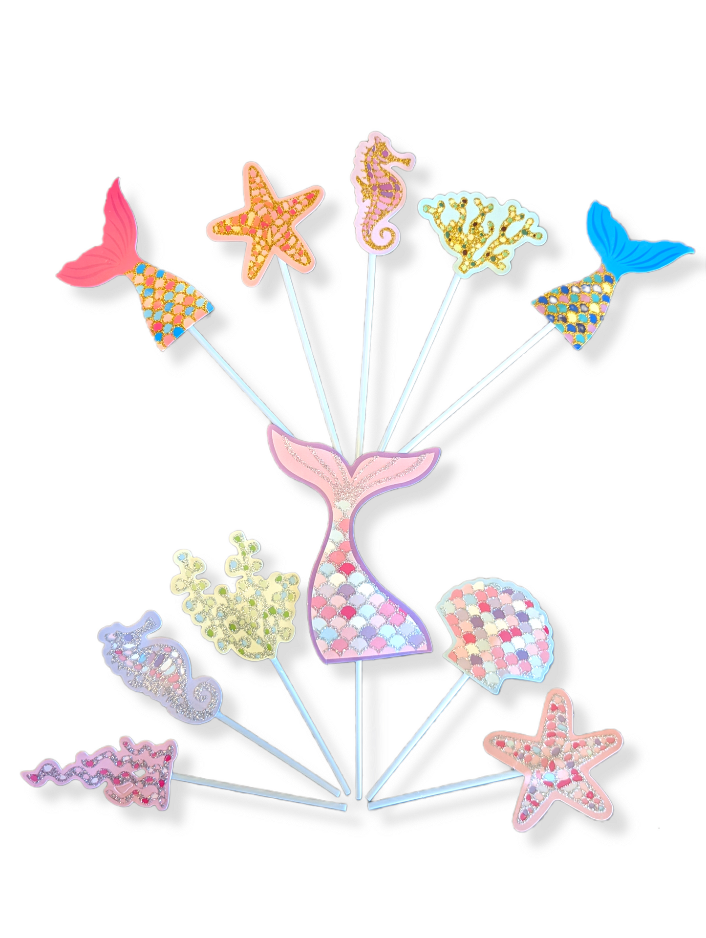 Happy Birthday Mermaid Theme Cake Toppers Multi Color Ocean Variety Pack of 12
