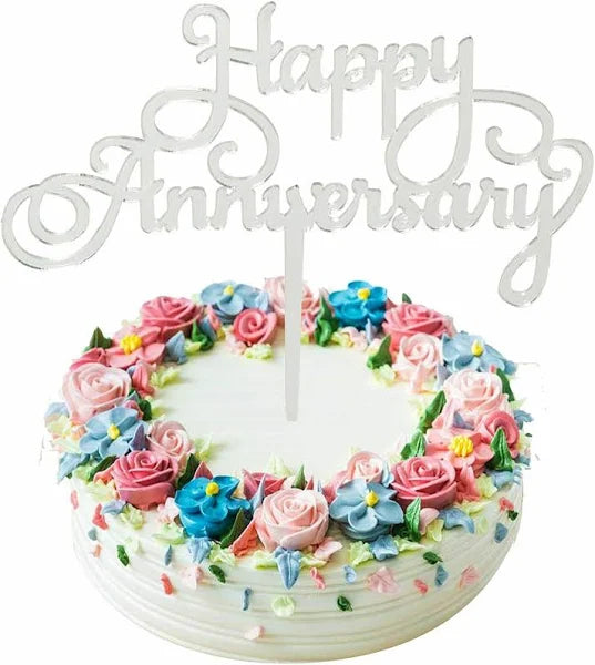 Shiny Floral Acrylic Happy Anniversary Mr & Mrs Cake Toppers Wedding Party Decor