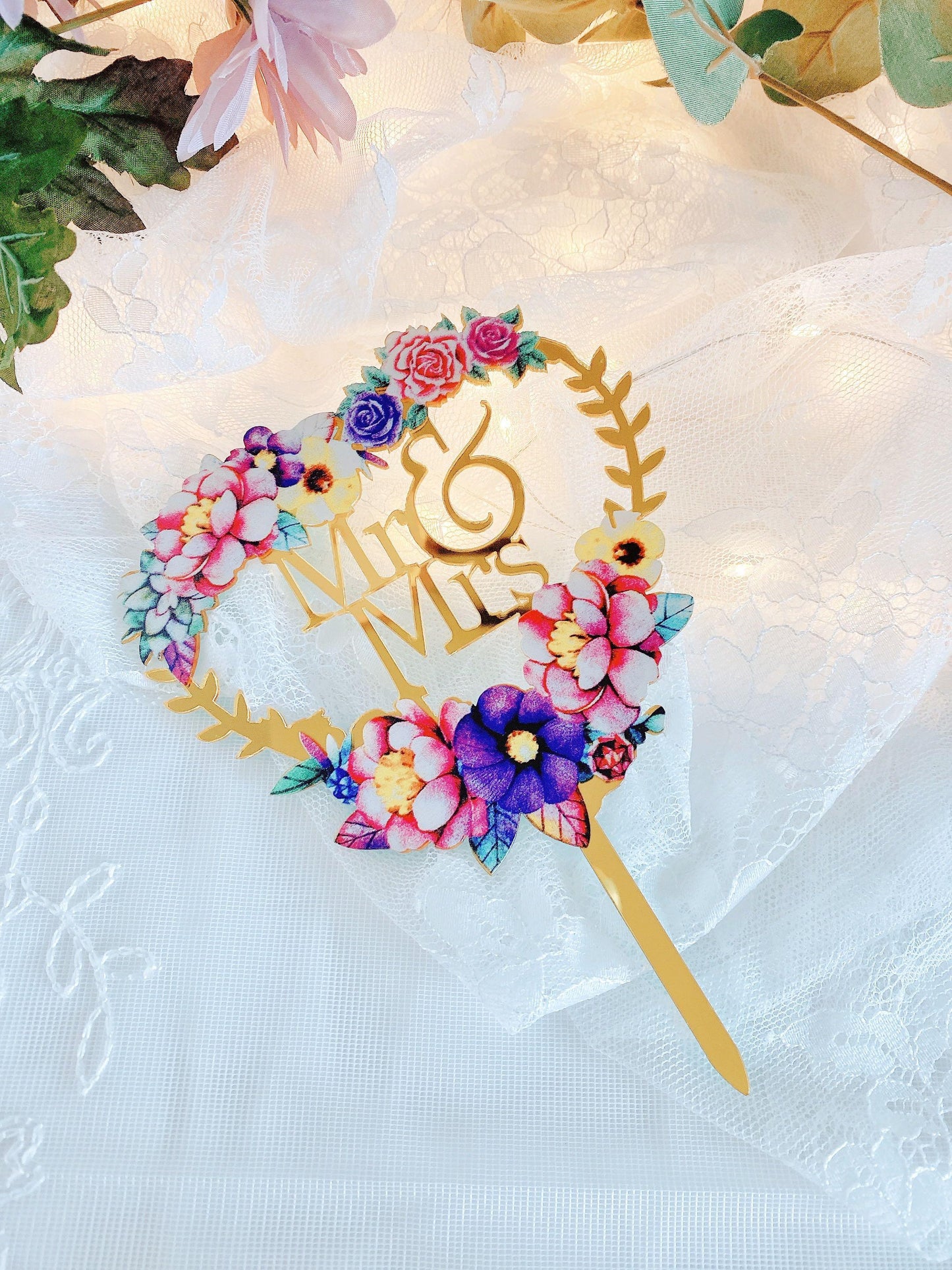 Shiny Floral Acrylic Happy Anniversary Mr & Mrs Cake Toppers Wedding Party Decor