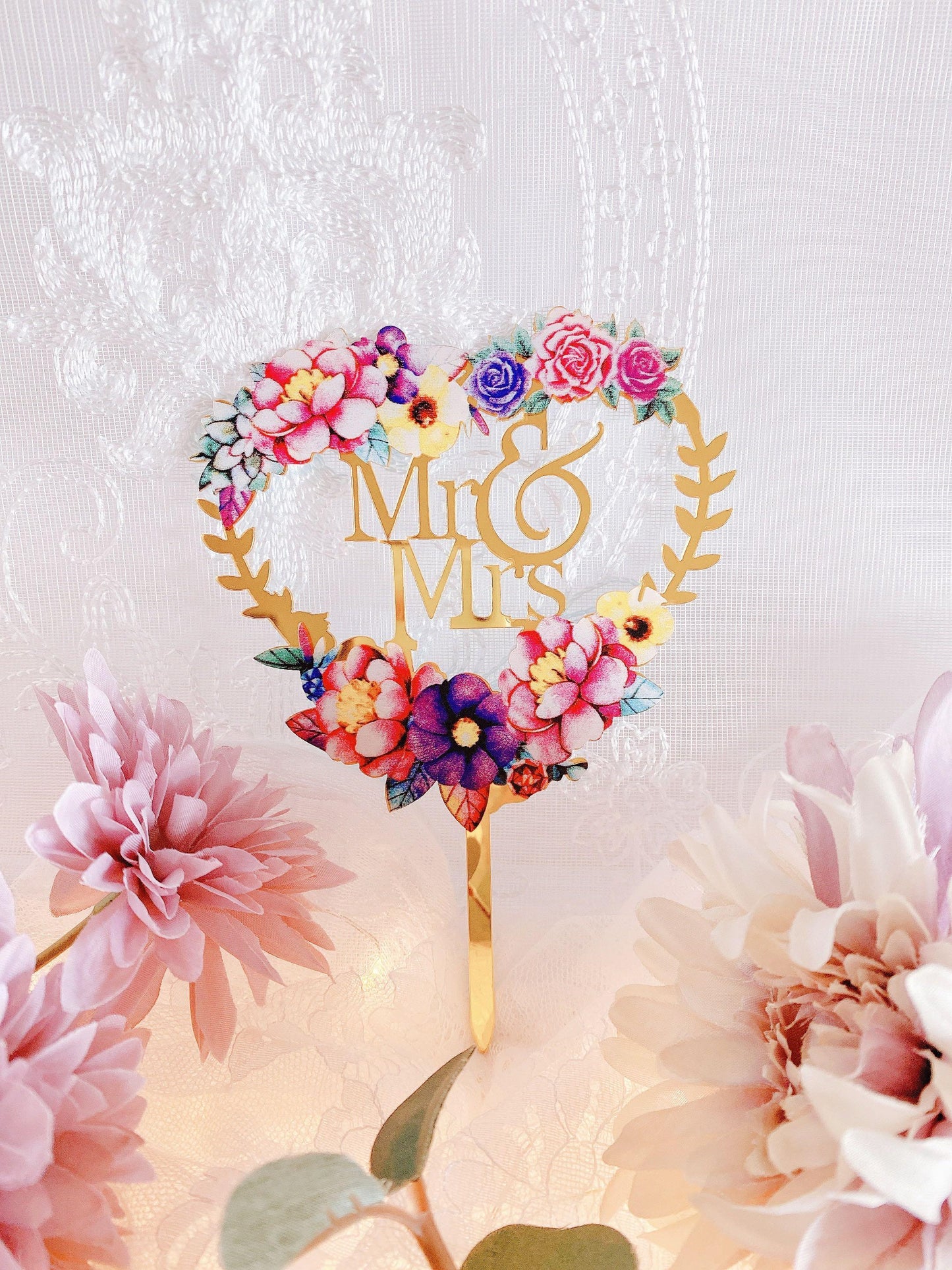 Shiny Floral Acrylic Happy Anniversary Mr & Mrs Cake Toppers Wedding Party Decor