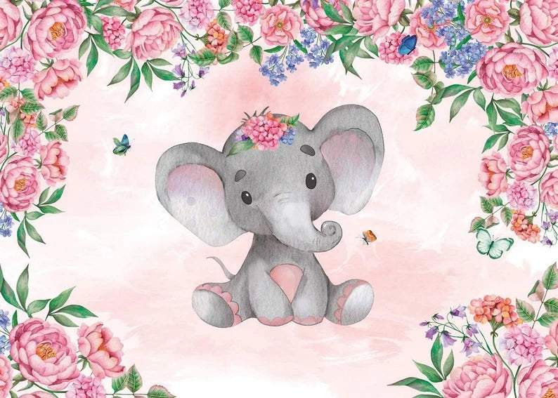 5' x 7' Baby Elephant Backdrop Photo Booth Birthday Baby Shower Gender Reveal Baby Photoshoot Background Hanging Vinyl Backdrop