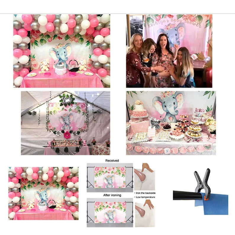 5' x 7' Baby Elephant Backdrop Photo Booth Birthday Baby Shower Gender Reveal Baby Photoshoot Background Hanging Vinyl Backdrop