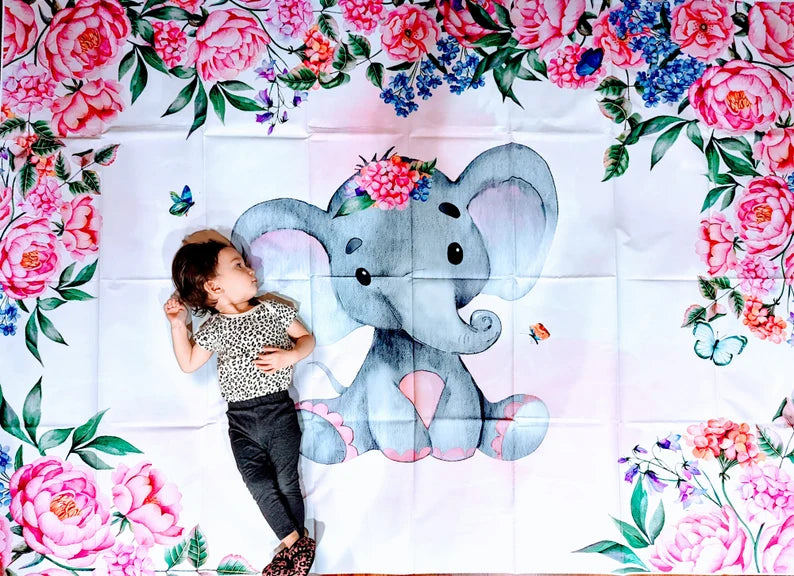 5' x 7' Baby Elephant Backdrop Photo Booth Birthday Baby Shower Gender Reveal Baby Photoshoot Background Hanging Vinyl Backdrop