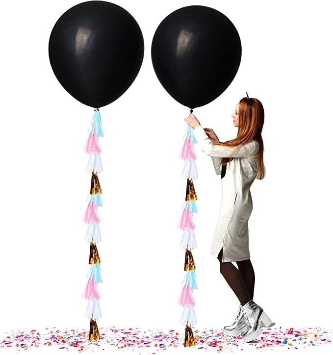 2-pack Gender Reveal 36-inch Black Balloons with Pink and Blue Confetti