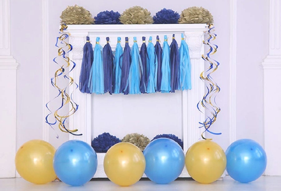 Happy Birthday Blue & Gold Balloons Paper Fans Pom Poms Hanging Swirls Party Pack Bundle