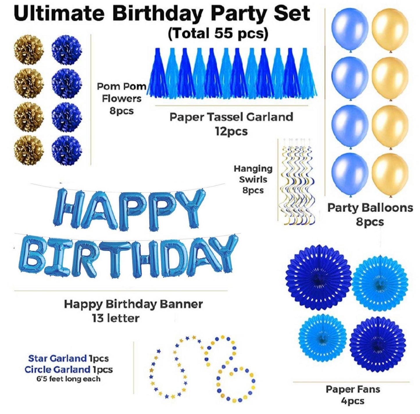 Happy Birthday Blue & Gold Balloons Paper Fans Pom Poms Hanging Swirls Party Pack Bundle