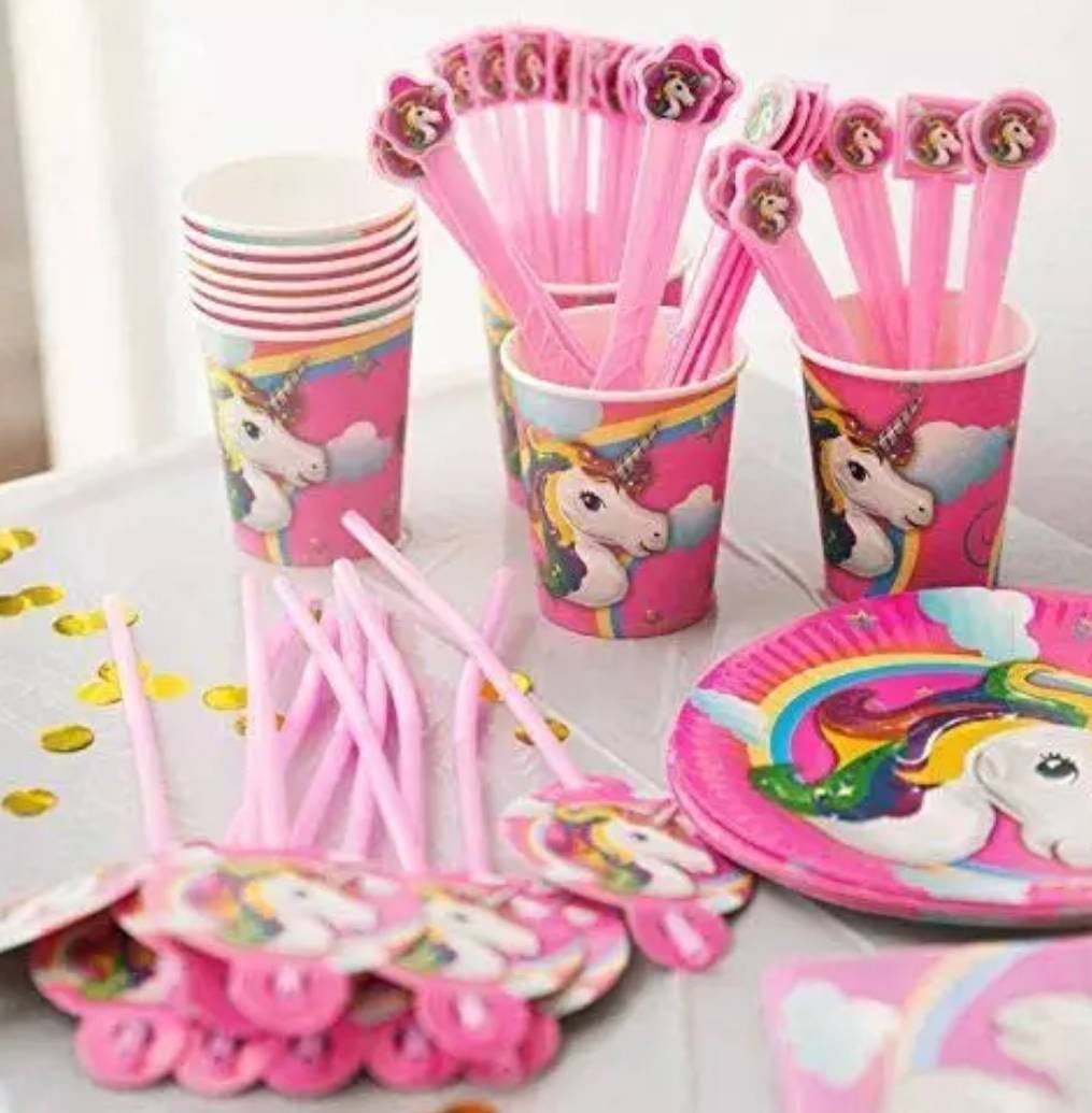 Happy Birthday Pink Purple Unicorn Rainbow Theme Mylar Balloons Tableware Treat Box Candy Bags Girl Unicorn Headband Party Pack Bundle Set