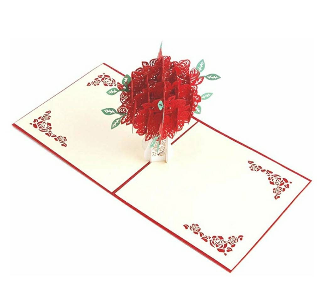3D Pop-up Red Roses Flowers Bouquet Premium Quality Card Stock Blank Greeting Card with Envelope for any occasion