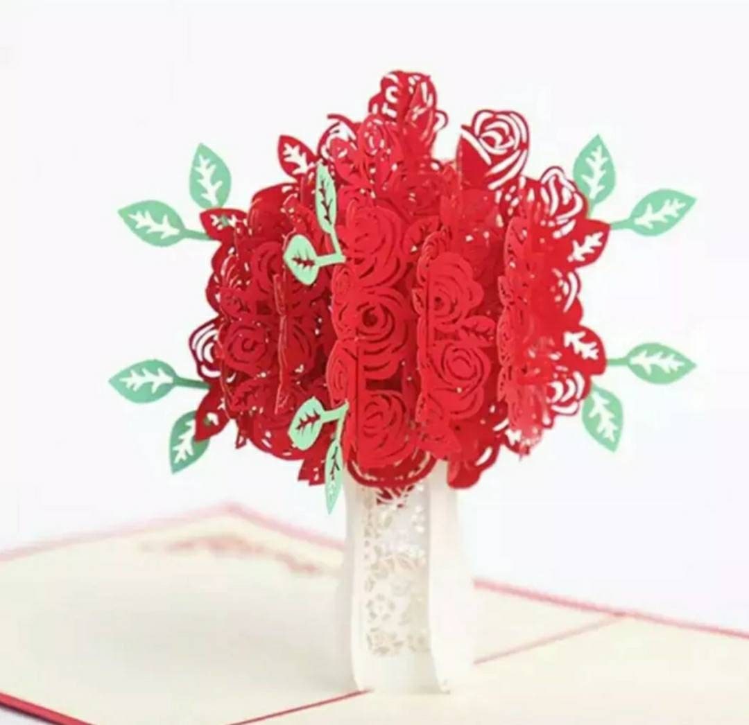 3D Pop-up Red Roses Flowers Bouquet Premium Quality Card Stock Blank Greeting Card with Envelope for any occasion