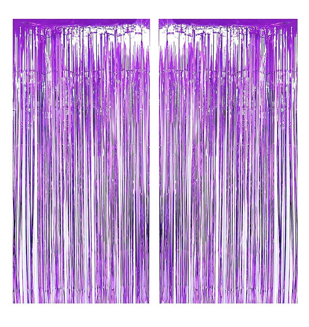 Pack of 2 PURPLE Metallic Foil Fringe Curtains for Party Decorations Photo Wall Backdrop Door Window Self-adhesive Hanging Fringe Curtains