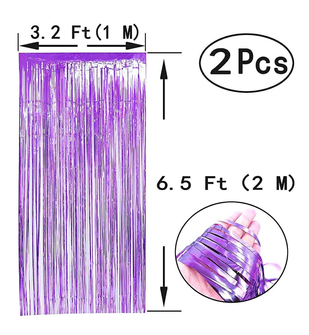 Pack of 2 PURPLE Metallic Foil Fringe Curtains for Party Decorations Photo Wall Backdrop Door Window Self-adhesive Hanging Fringe Curtains