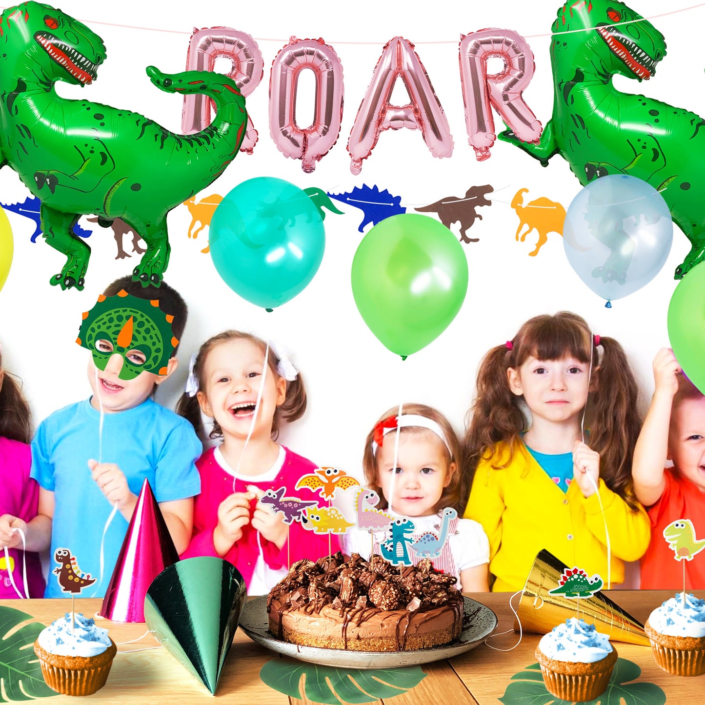 Dino T-Rex Dinosaur Theme with Dino Mask Green Yellow Balloon Bundle Birthday Decorations Party Pack