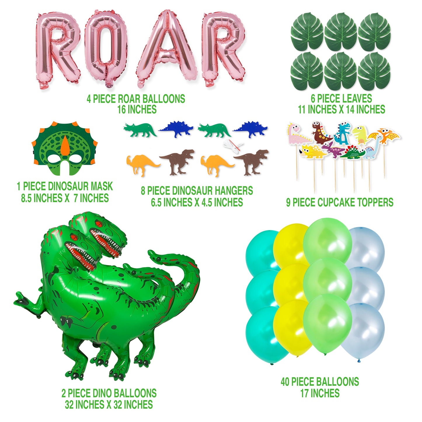 Dino T-Rex Dinosaur Theme with Dino Mask Green Yellow Balloon Bundle Birthday Decorations Party Pack