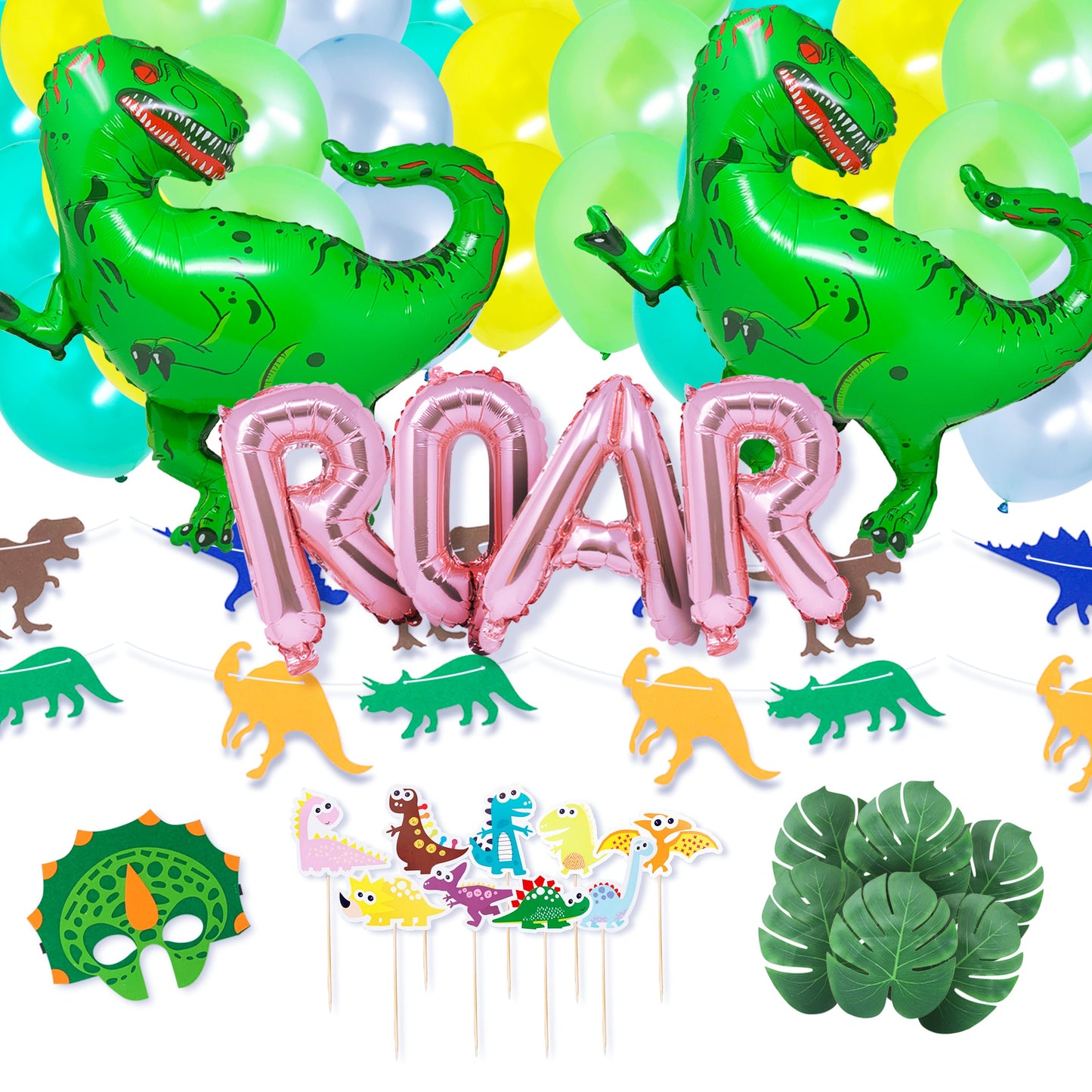 Dino T-Rex Dinosaur Theme with Dino Mask Green Yellow Balloon Bundle Birthday Decorations Party Pack