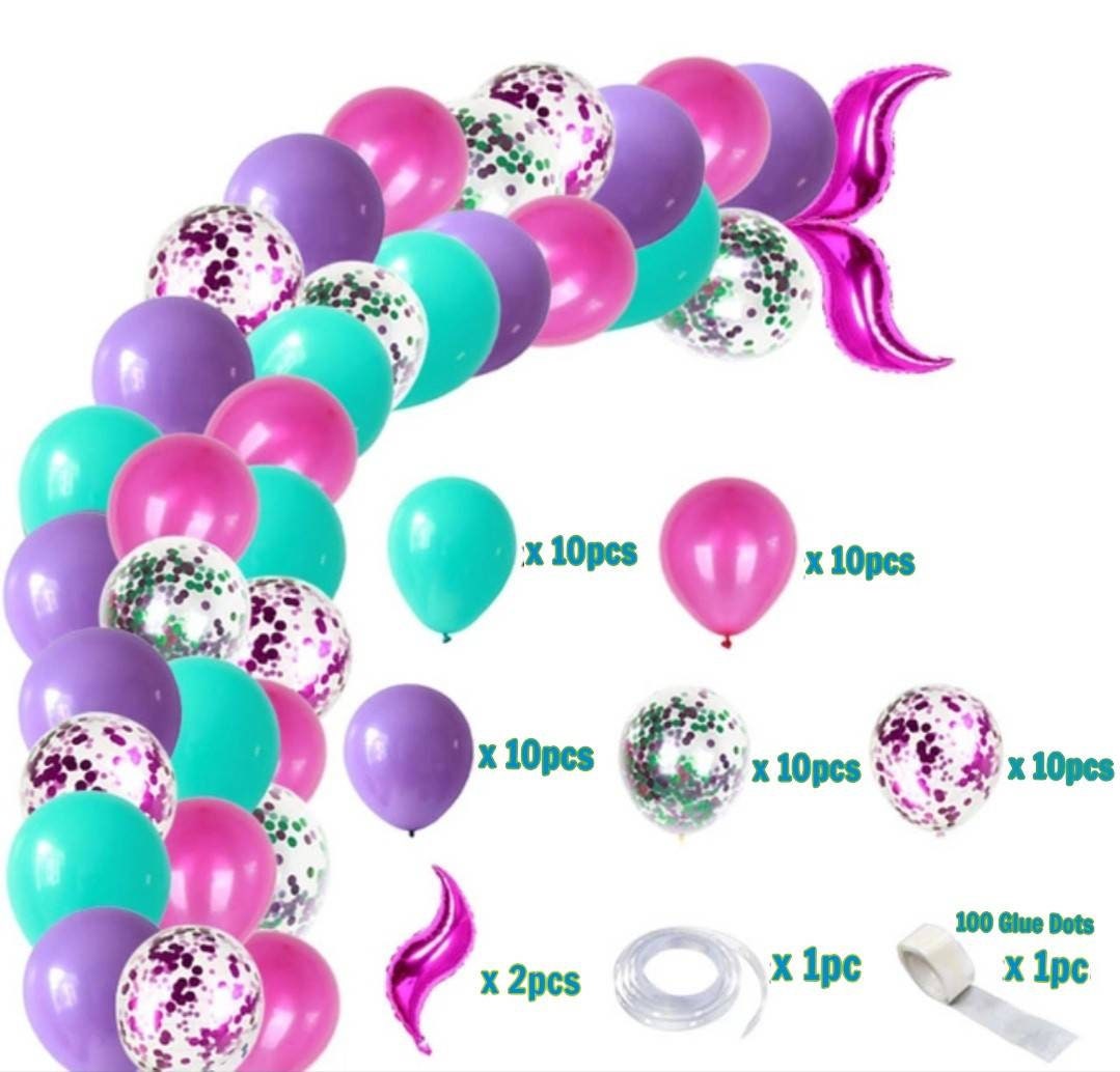 Mermaid Tail Arch Kit Purple Magenta Confetti Filled Balloons 16ft Garland 100 Glue Stickers Party Decoration