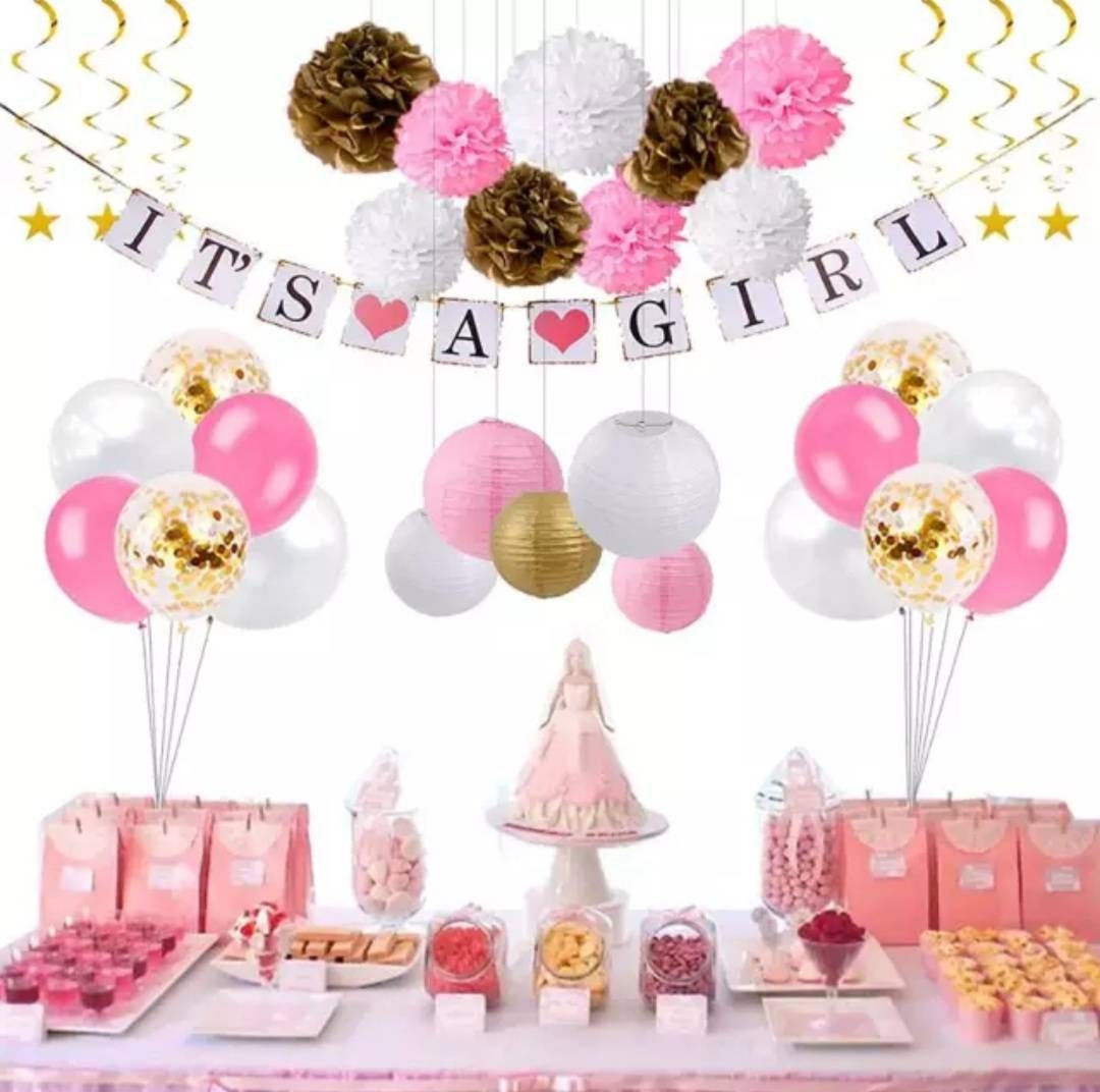 Baby Shower Party Pack Bundle Mom To Be Sash Hanging Tissue Pom Poms Pink or Blue Balloons Its a Girl or Its a Boy Party Decorations