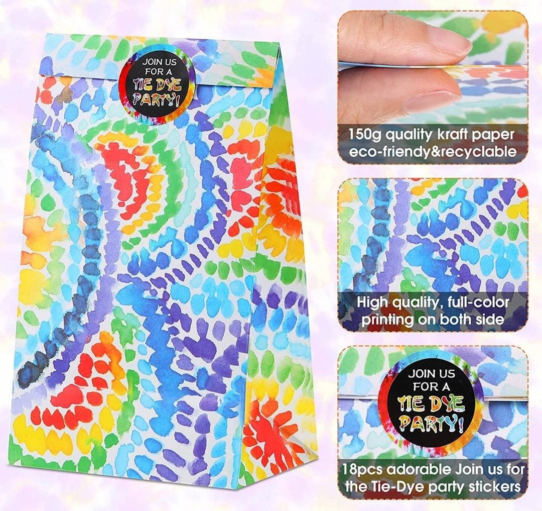 Pack of 12 Premium Quality Kraft Paper Tie Dye Favor Goodies Party Bags for Treats Candy Cookies