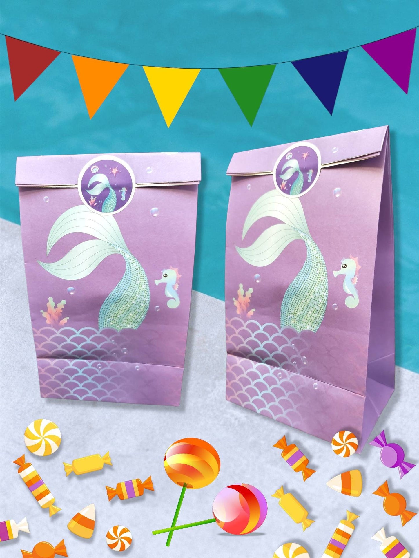 Pack of 12 Mermaid Premium Quality Kraft Paper Goodies Party Favor Bags with Stickers for Treats Candy Cookies