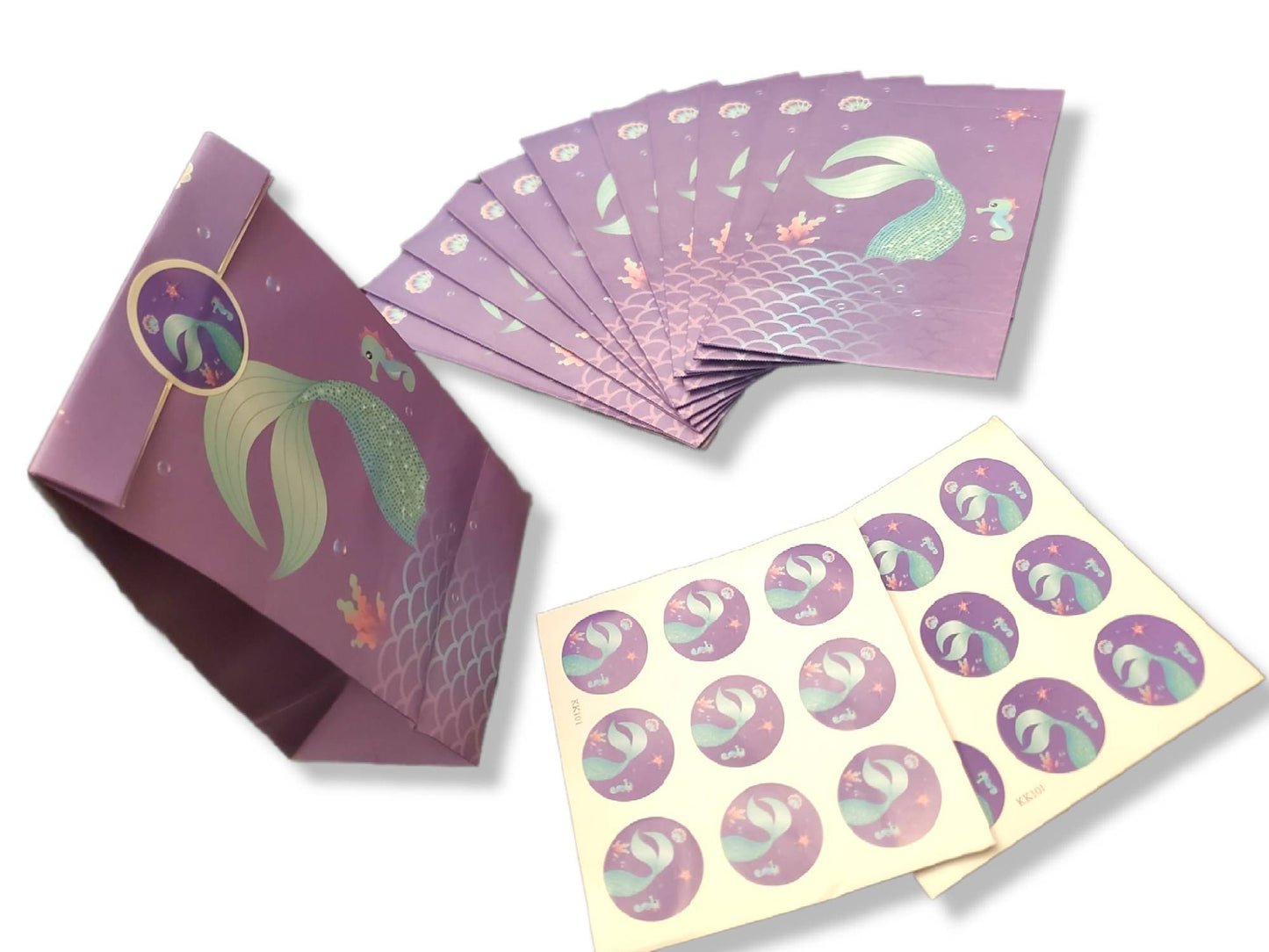 Pack of 12 Mermaid Premium Quality Kraft Paper Goodies Party Favor Bags with Stickers for Treats Candy Cookies