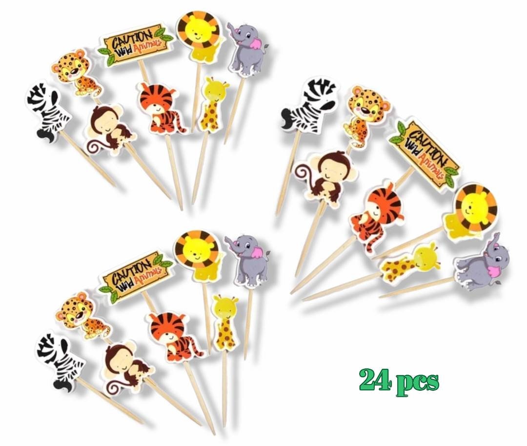Safari Jungle Animal 24pcs Cupcake Toppers for Birthday Babyshower Gender Reveal Cake Decorations