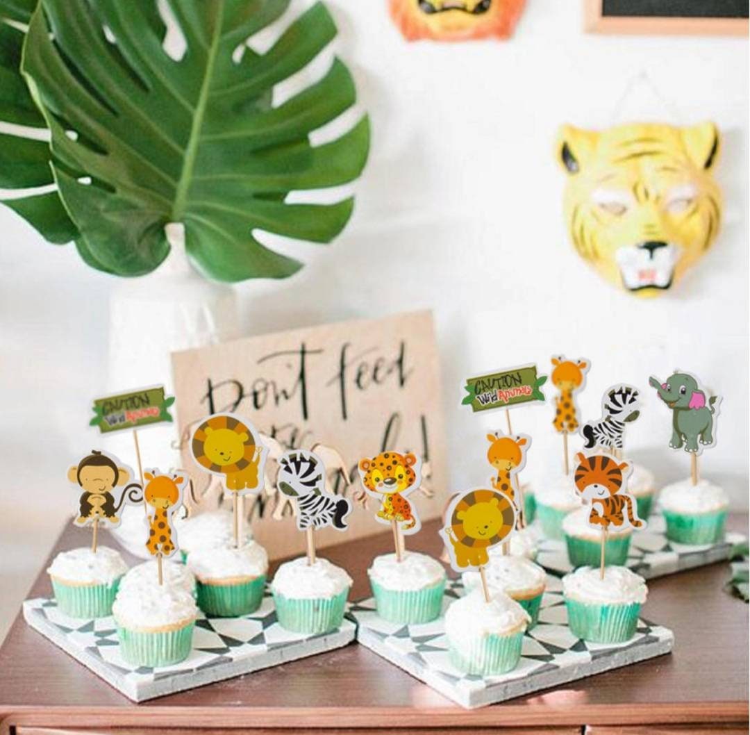 Safari Jungle Animal 24pcs Cupcake Toppers for Birthday Babyshower Gender Reveal Cake Decorations