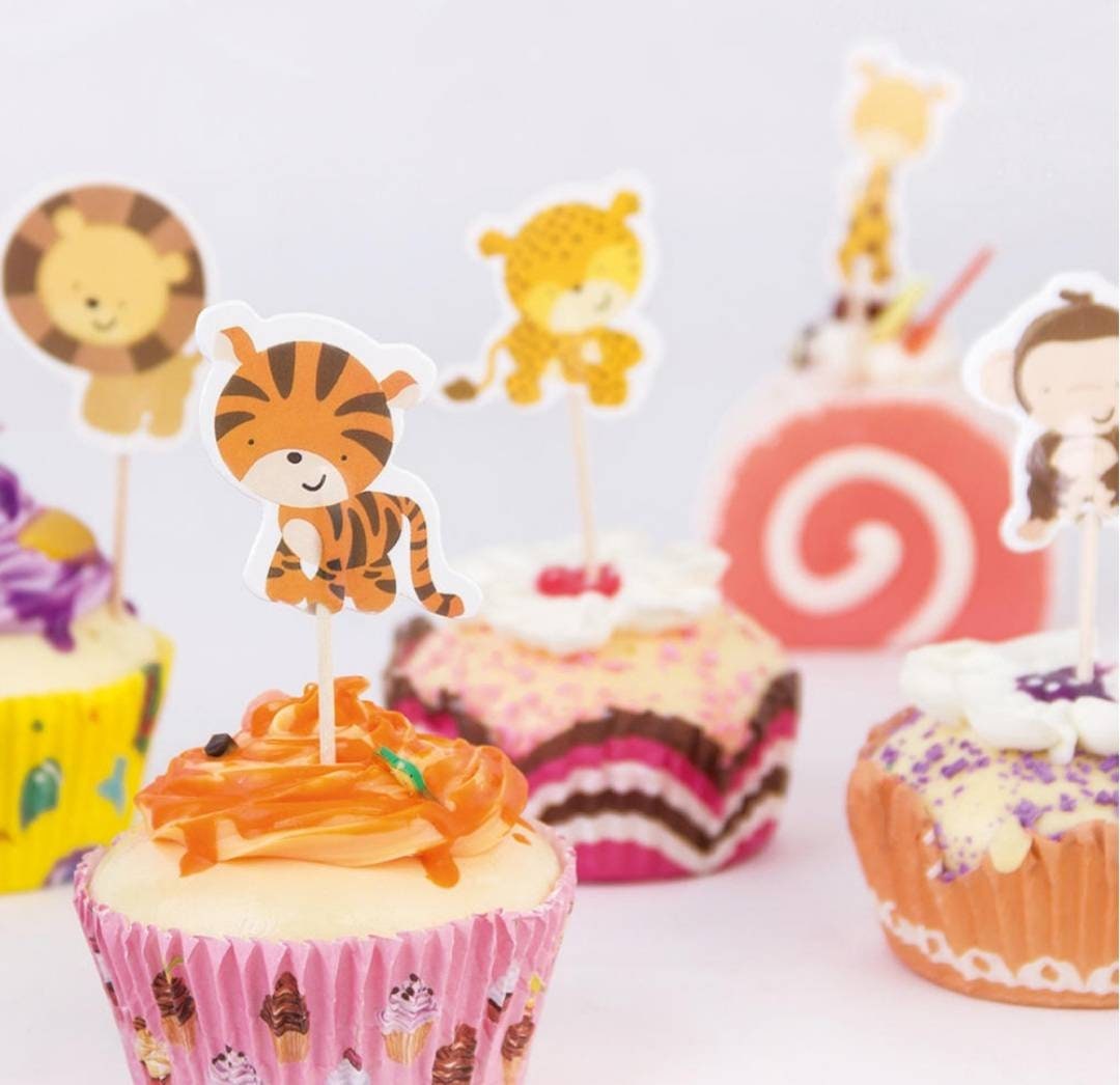 Safari Jungle Animal 24pcs Cupcake Toppers for Birthday Babyshower Gender Reveal Cake Decorations