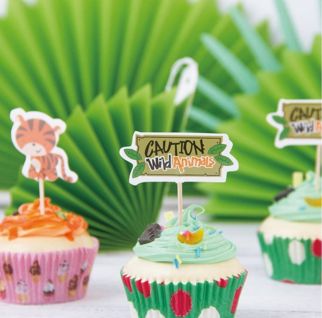Safari Jungle Animal 24pcs Cupcake Toppers for Birthday Babyshower Gender Reveal Cake Decorations