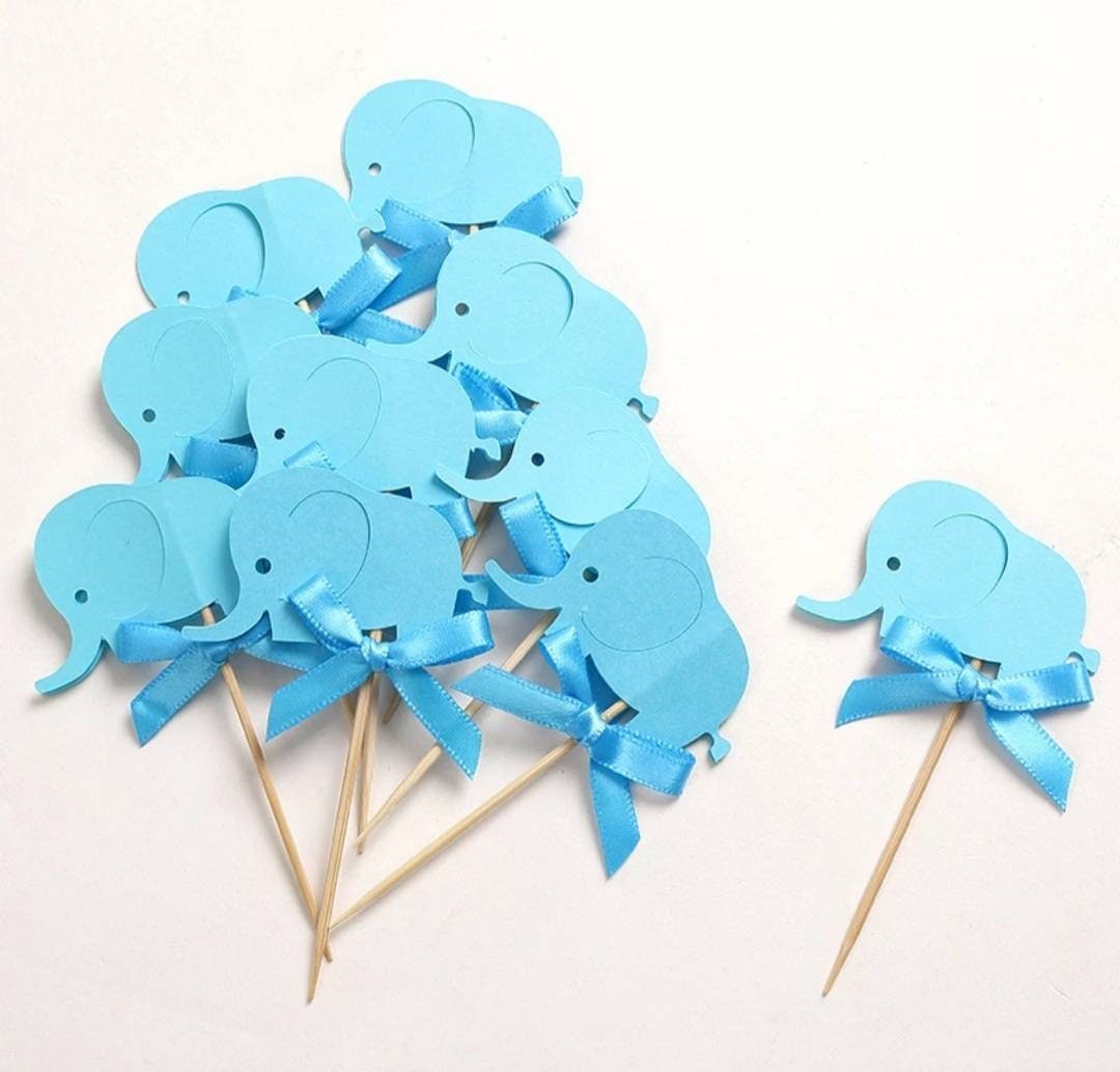10pcs Blue or Pink Elephant Cupcake Picks Cake Toppers Babyshower Boy or Girl Cupcake Decorations