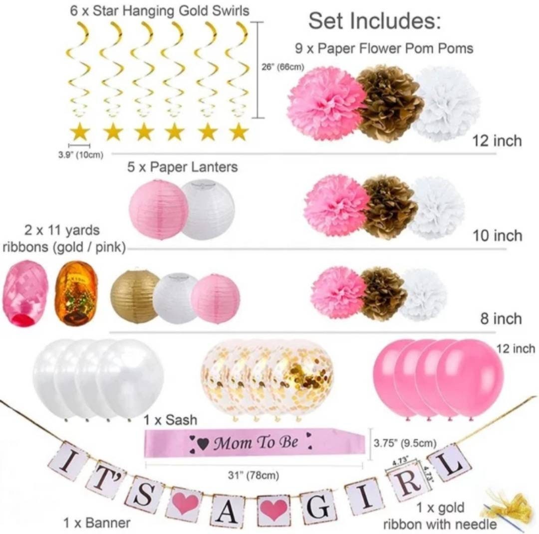 Baby Shower Party Pack Bundle Mom To Be Sash Hanging Tissue Pom Poms Pink or Blue Balloons Its a Girl or Its a Boy Party Decorations