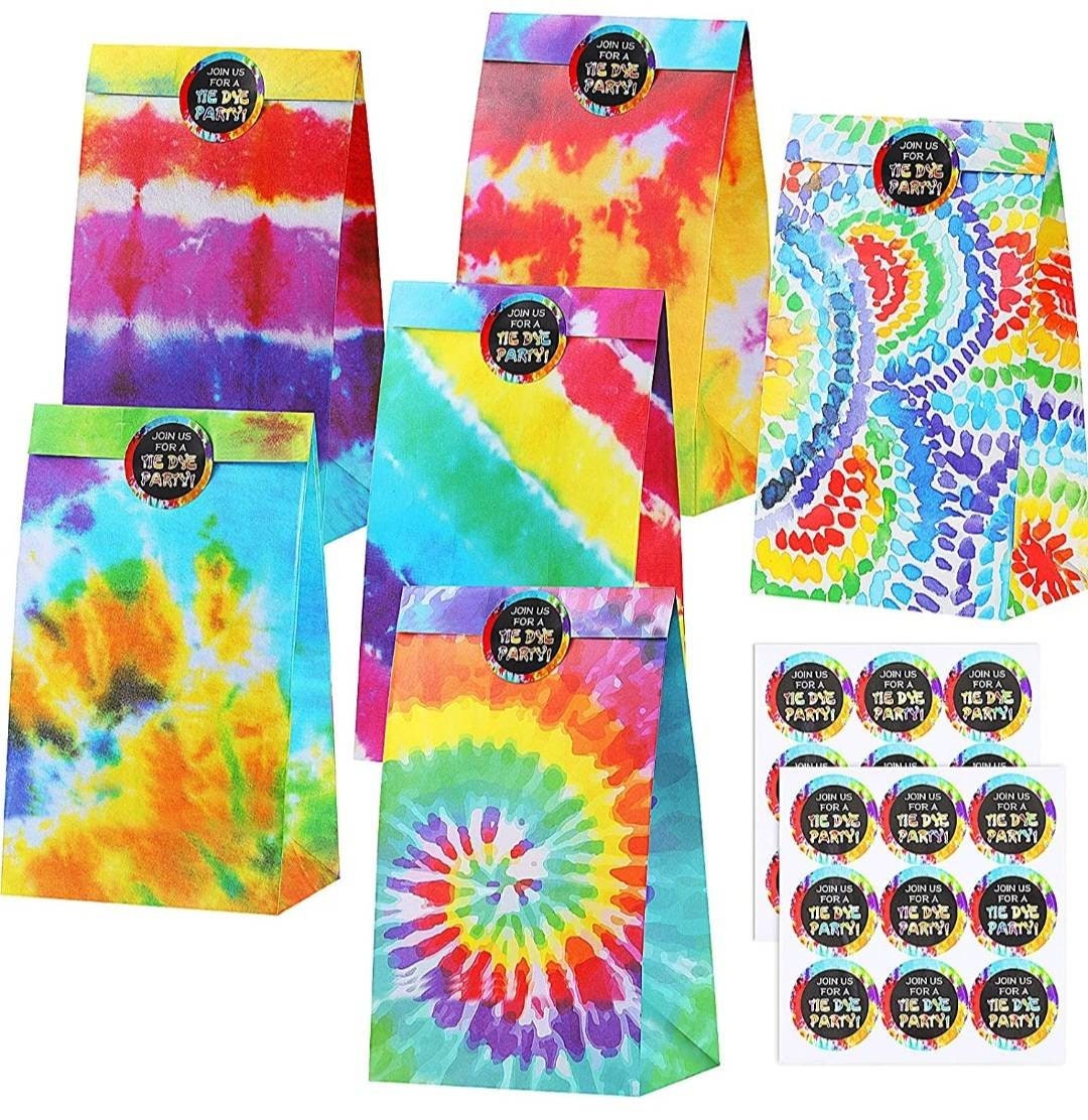 Pack of 12 Premium Quality Kraft Paper Tie Dye Favor Goodies Party Bags for Treats Candy Cookies