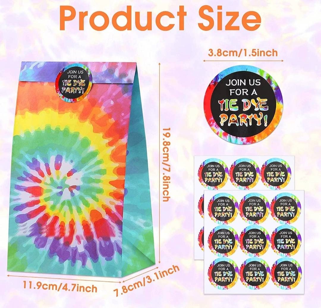 Pack of 12 Premium Quality Kraft Paper Tie Dye Favor Goodies Party Bags for Treats Candy Cookies