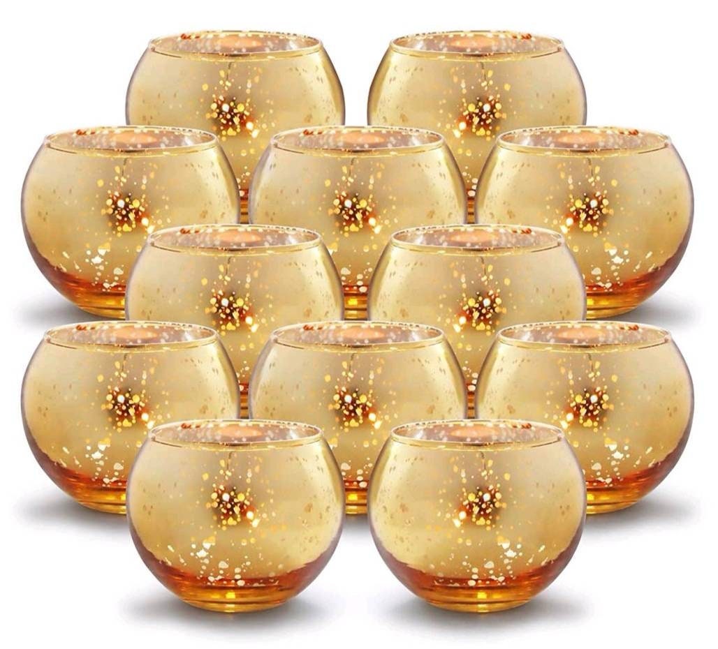 Set of 12 Mercury Glass Speckled Votive Round Candle Holders for Weddings Birthdays Table Home Decor