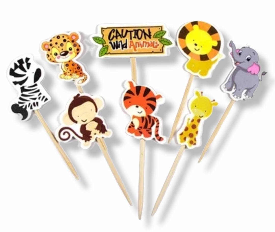 Safari Jungle Animal 24pcs Cupcake Toppers for Birthday Babyshower Gender Reveal Cake Decorations