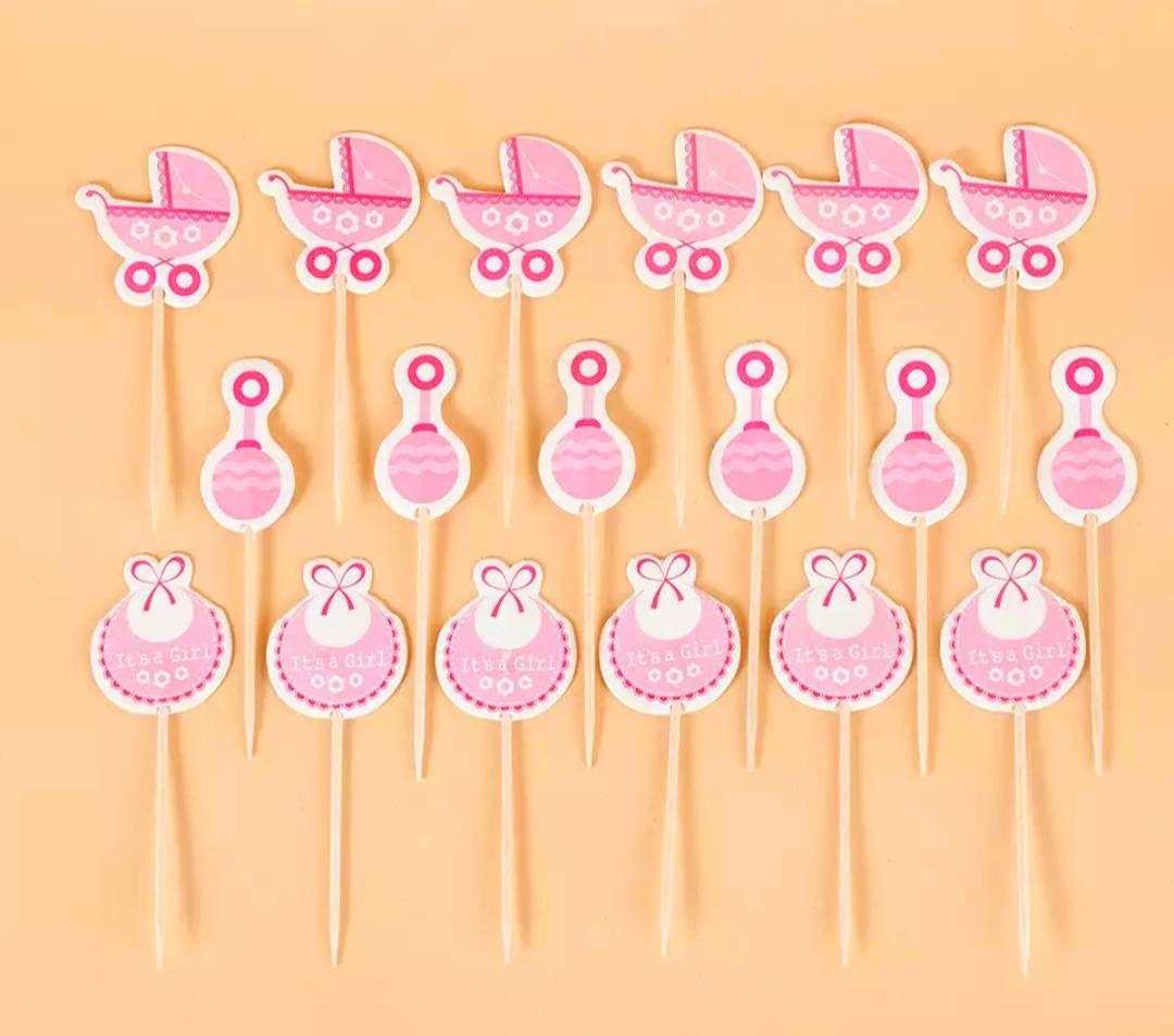 18pcs Cupcake Picks for Babyshower Its A Girl Pink or Its A Boy Blue Cake Toppers Cupcake Decorations