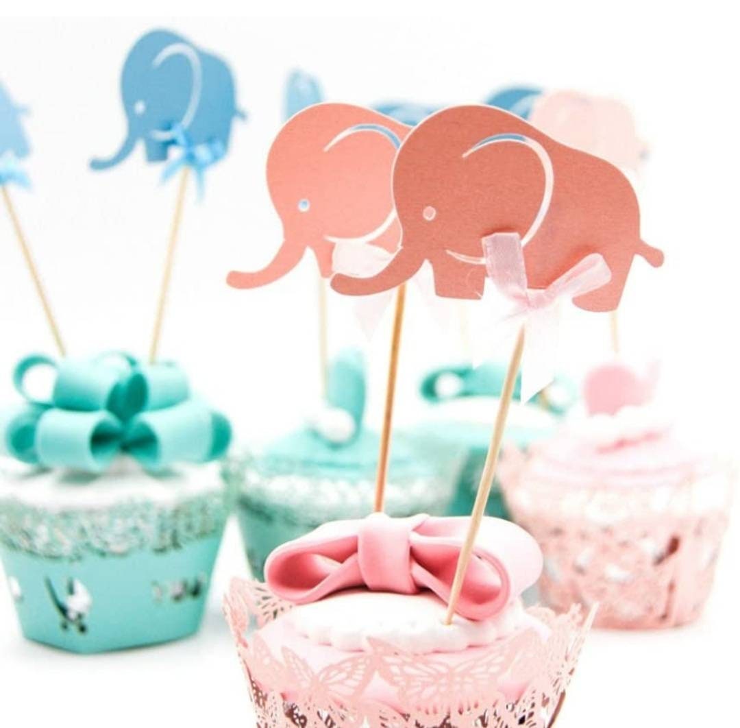 10pcs Blue or Pink Elephant Cupcake Picks Cake Toppers Babyshower Boy or Girl Cupcake Decorations