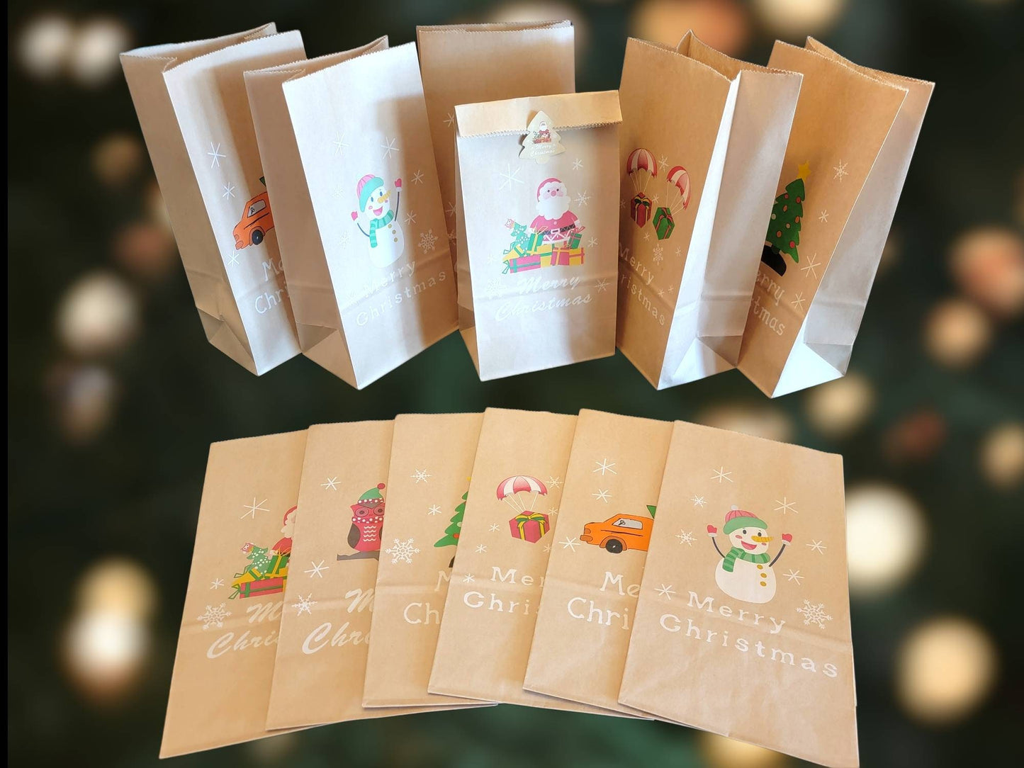 Pack of 12 Merry Christmas Kraft Paper Treat Gift Candy Party Favor Bags with Stickers