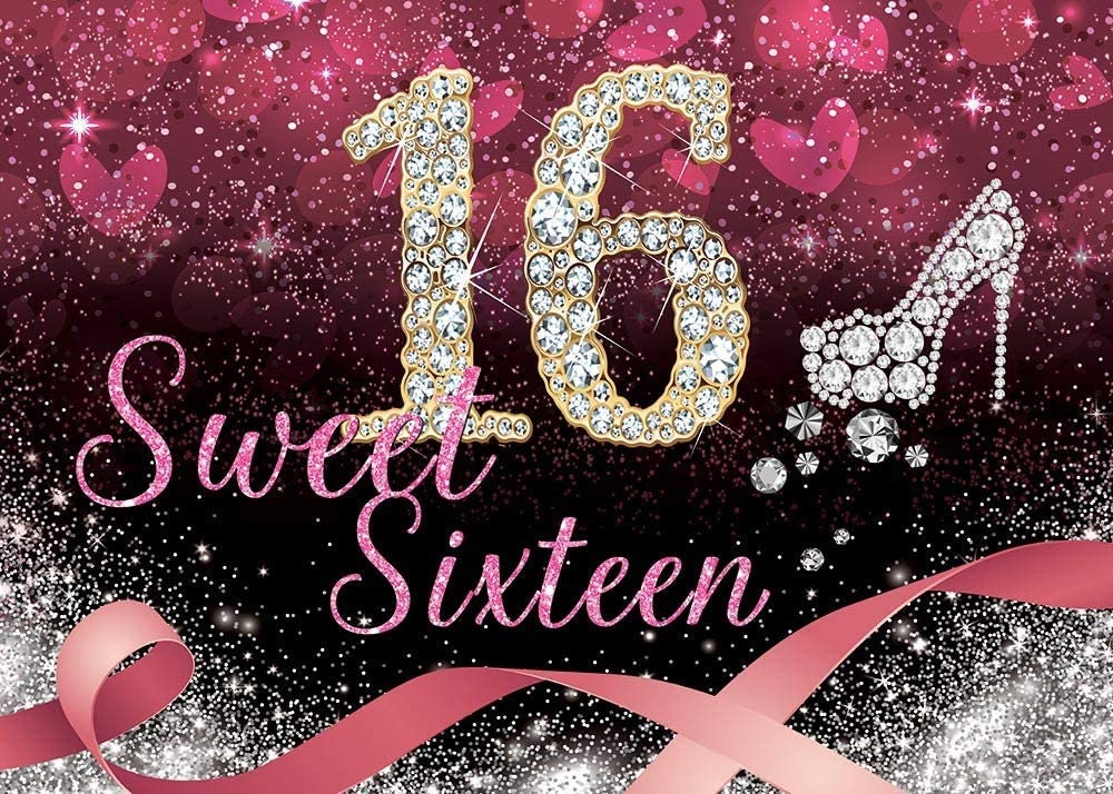 5' x 7' Sweet Sixteen Diamond Stiletto Ribbon Design Backdrop Photo Booth Background Hanging Vinyl Backdrop
