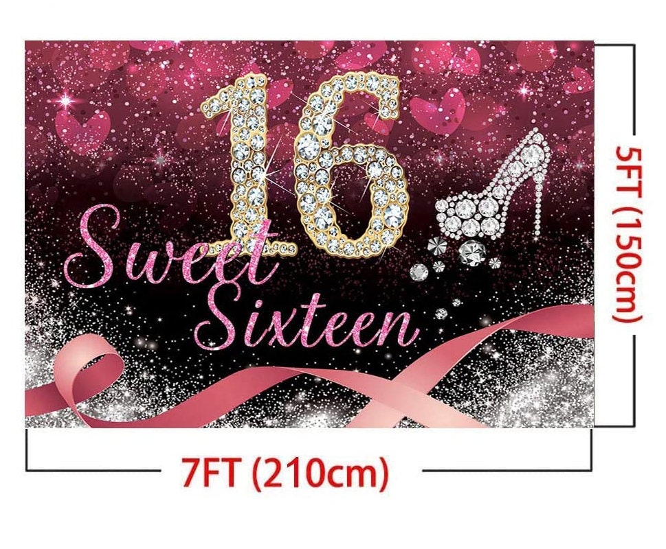 5' x 7' Sweet Sixteen Diamond Stiletto Ribbon Design Backdrop Photo Booth Background Hanging Vinyl Backdrop