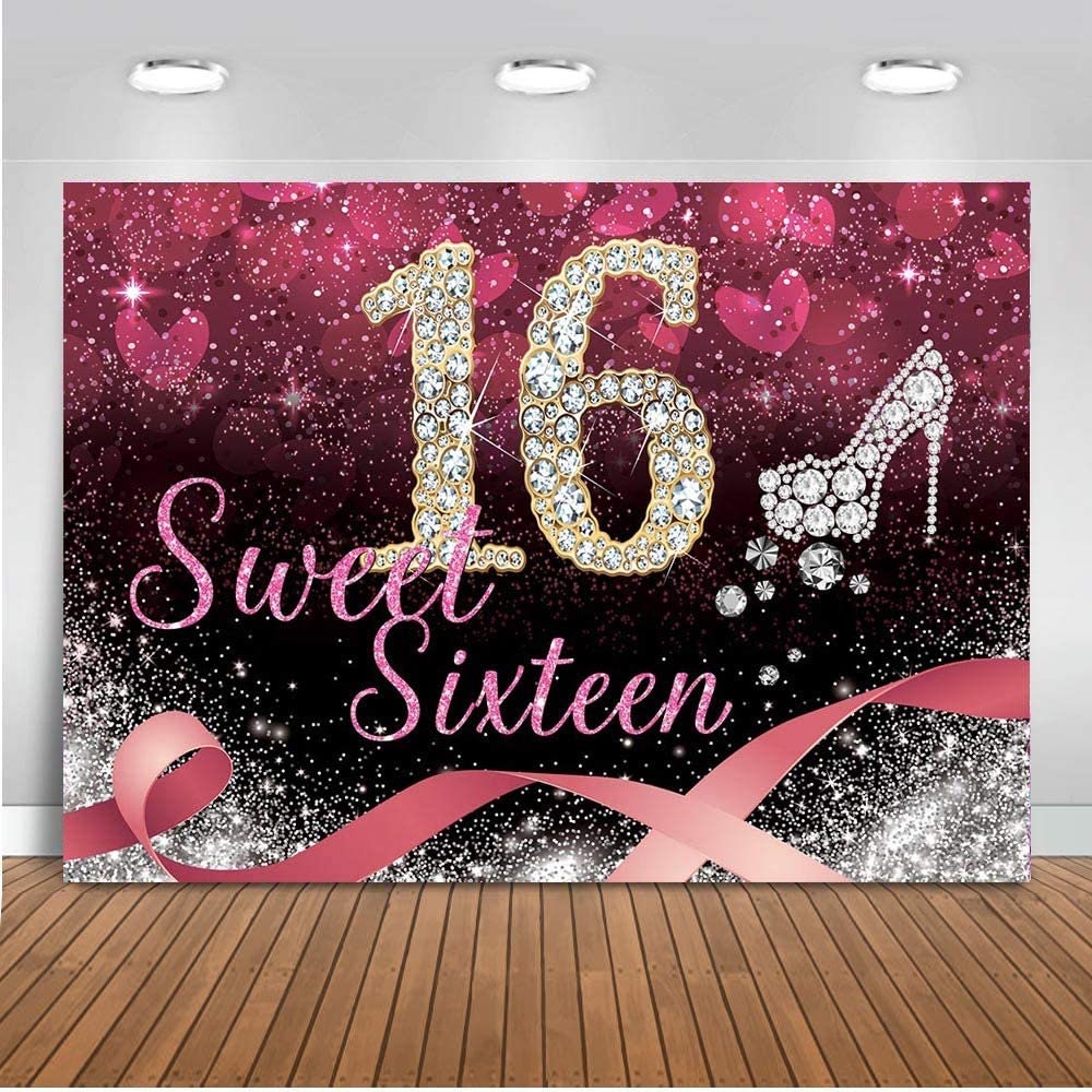 5' x 7' Sweet Sixteen Diamond Stiletto Ribbon Design Backdrop Photo Booth Background Hanging Vinyl Backdrop
