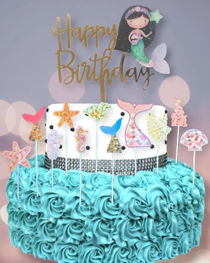 Happy Birthday Mermaid Theme Cake Toppers Multi Color Ocean Variety Pack of 12