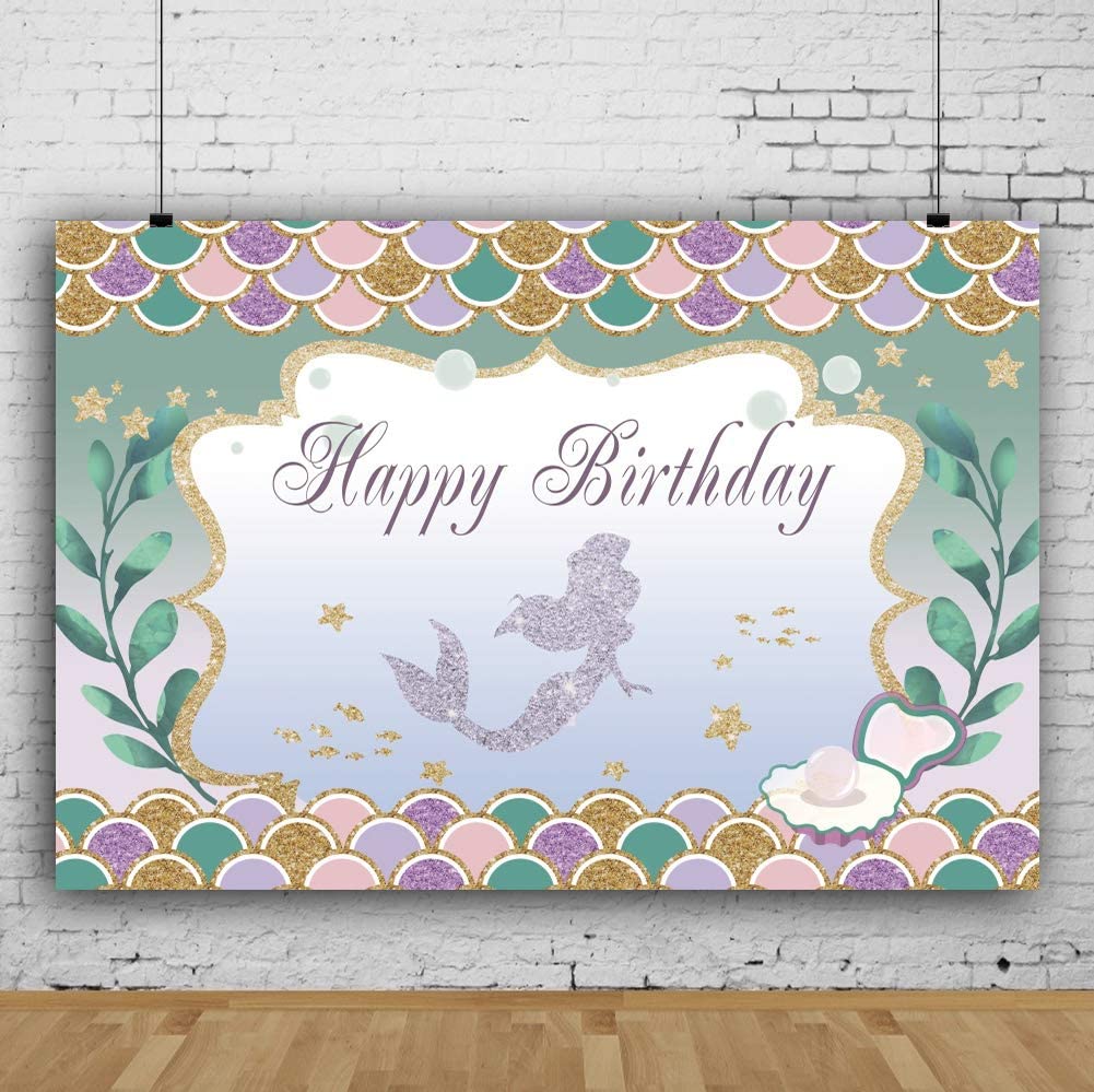 5' x 7' Mermaid Theme Happy Birthday Backdrop Photo Booth Background Hanging Vinyl Backdrop