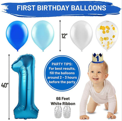1st Birthday Party Pack Bundle Turning One Birthday Banner Balloons Cake Topper Blue or Pink Party Pack
